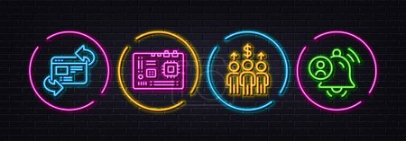 Illustration for Meeting, Motherboard and Refresh website minimal line icons. Neon laser 3d lights. User notification icons. For web, application, printing. Vector - Royalty Free Image