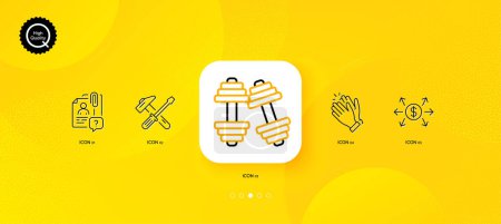 Illustration for Clapping hands, Dollar exchange and Search employee minimal line icons. Yellow abstract background. Dumbbells, Hammer tool icons. For web, application, printing. Vector - Royalty Free Image