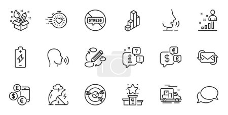 Illustration for Outline set of Refresh mail, Targeting and Messenger line icons for web application. Talk, information, delivery truck outline icon. Include Currency rate, 3d chart, Stats icons. Vector - Royalty Free Image