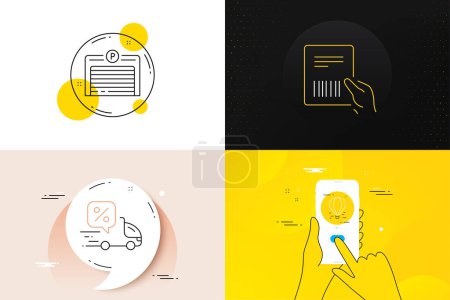 Illustration for Minimal set of Parking garage, Delivery discount and Air balloon line icons. Phone screen, Quote banners. Parcel invoice icons. For web development. Automatic door, Courier, Flight travel. Vector - Royalty Free Image