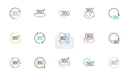 Illustration for 360 degrees line icons. Rotate arrow, VR panoramic simulation and augmented reality. 360 degrees virtual gaming, abstract geometry, full rotation view icons. Linear set. Vector - Royalty Free Image