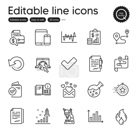 Illustration for Set of Education outline icons. Contains icons as Chemistry lab, Love mail and Development plan elements. Stock analysis, Instruction info, Agreement document web signs. Diagram graph. Vector - Royalty Free Image