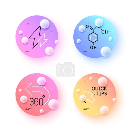 Illustration for Chemical formula, Quick tips and 360 degrees minimal line icons. 3d spheres or balls buttons. Electricity icons. For web, application, printing. Chemistry, Helpful tricks, Full rotation. Vector - Royalty Free Image