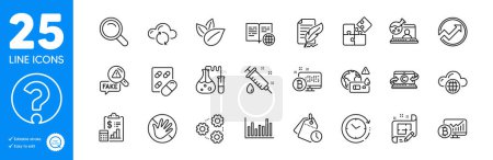 Illustration for Outline icons set. Question mark, Audit and Time management icons. Fake news, Search, Organic product web elements. Online chemistry, Time change, Feather signature signs. Internet book. Vector - Royalty Free Image