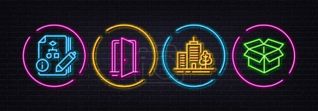 Illustration for Skyscraper buildings, Open door and Algorithm minimal line icons. Neon laser 3d lights. Open box icons. For web, application, printing. Town architecture, Entrance, Project. Delivery package. Vector - Royalty Free Image