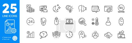 Illustration for Outline icons set. Weather thermometer, 24 hours and Seo devices icons. Cough, Cloud sync, Report web elements. Face id, Chemistry experiment, Moon signs. Seo gear, Question mark, Inspect. Vector - Royalty Free Image