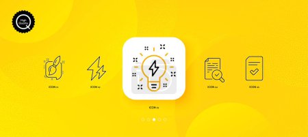 Illustration for Inspiration, Checked file and Painting brush minimal line icons. Yellow abstract background. Inspect, Electricity icons. For web, application, printing. Vector - Royalty Free Image