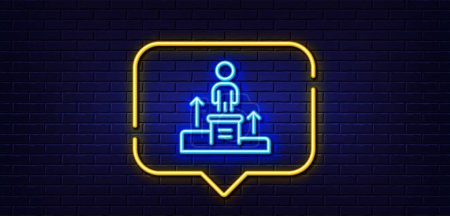 Illustration for Neon light speech bubble. Business podium line icon. Employee nomination sign. Person award symbol. Neon light background. Business podium glow line. Brick wall banner. Vector - Royalty Free Image