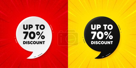 Illustration for Up to 70 percent discount. Flash offer banner with quote. Sale offer price sign. Special offer symbol. Save 70 percentages. Starburst beam banner. Discount tag speech bubble. Vector - Royalty Free Image