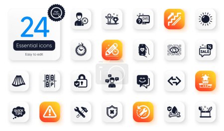Illustration for Set of Business flat icons. Discounts bubble, Online quiz and Sun energy elements for web application. Winner cup, Smile face, Recovery tool icons. Project deadline, Skirt, Time elements. Vector - Royalty Free Image