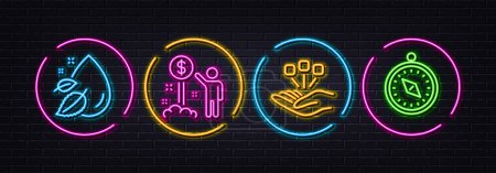Illustration for Income money, Water drop and Consolidation minimal line icons. Neon laser 3d lights. Travel compass icons. For web, application, printing. Wealth, Serum oil, Strategy. Trip destination. Vector - Royalty Free Image