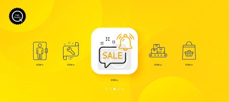 Illustration for Promotion bell, Elevator and Spanner minimal line icons. Yellow abstract background. Online buying, Wholesale goods icons. For web, application, printing. Vector - Royalty Free Image