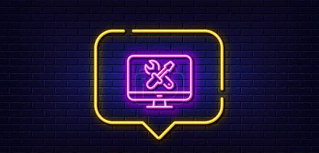 Illustration for Neon light speech bubble. Repair computer line icon. Device service sign. Fix tv symbol. Neon light background. Repair glow line. Brick wall banner. Vector - Royalty Free Image