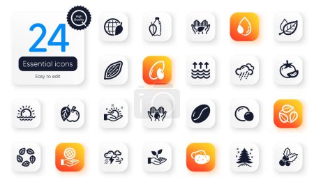 Illustration for Set of Nature flat icons. Water bottle, Rainy weather and Sunny weather elements for web application. Apple, Sunset, Coffee beans icons. Safe water, Peas, Safe planet elements. Leaf dew. Vector - Royalty Free Image