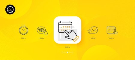 Illustration for Checkbox, Quick tips and Time minimal line icons. Yellow abstract background. Accounting, Event click icons. For web, application, printing. Approved, Helpful tricks, Clock. Schedule report. Vector - Royalty Free Image