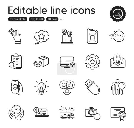 Illustration for Set of Technology outline icons. Contains icons as Inspect, Certificate and Canister oil elements. Usb stick, Move gesture, Idea web signs. Timer, Truck delivery, Recovery photo elements. Vector - Royalty Free Image