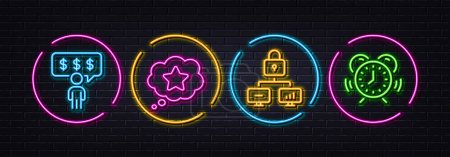 Illustration for Loyalty star, Employee benefits and Lock minimal line icons. Neon laser 3d lights. Time management icons. For web, application, printing. Bonus reward, Salary man, Network security. Vector - Royalty Free Image