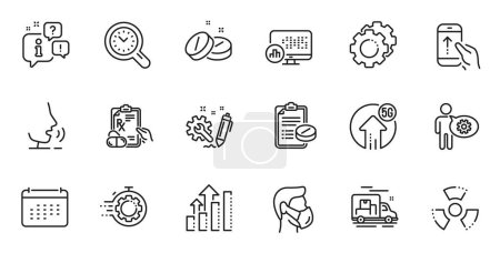 Illustration for Outline set of Seo timer, Medical prescription and Analysis graph line icons for web application. Talk, information, delivery truck outline icon. Vector - Royalty Free Image