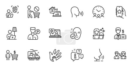 Illustration for Outline set of Medical help, Work home and Human sing line icons for web application. Talk, information, delivery truck outline icon. Include Meeting time, Businessman case, Floor lamp icons. Vector - Royalty Free Image