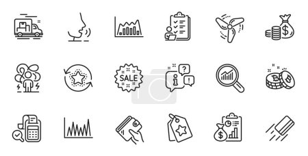 Illustration for Outline set of Wallet, Credit card and Report line icons for web application. Talk, information, delivery truck outline icon. Include Bitcoin, Bill accounting, Data analysis icons. Vector - Royalty Free Image