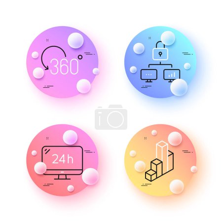 Illustration for 3d chart, Full rotation and 24h service minimal line icons. 3d spheres or balls buttons. Lock icons. For web, application, printing. Presentation column, 360 degree, Call support. Vector - Royalty Free Image