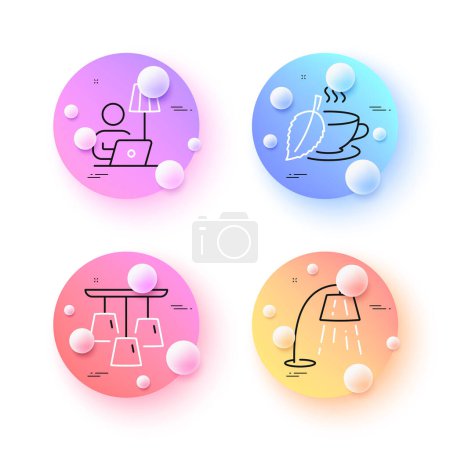 Illustration for Mint tea, Floor lamp and Stand lamp minimal line icons. 3d spheres or balls buttons. For web, application, printing. Mentha beverage, Electric light, Chandelier light. Vector - Royalty Free Image