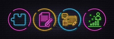 Illustration for Account, Article and Puzzle minimal line icons. Neon laser 3d lights. Stats icons. For web, application, printing. Calculate budget, Feedback, Puzzle piece. Business analysis. Vector - Royalty Free Image