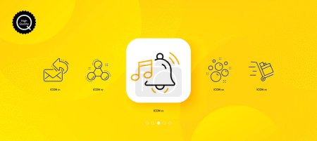 Illustration for Clean bubbles, Share mail and Push cart minimal line icons. Yellow abstract background. Alarm sound, Chemistry molecule icons. For web, application, printing. Vector - Royalty Free Image