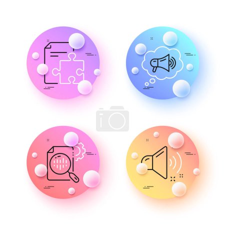 Illustration for Loud sound, Megaphone and Seo stats minimal line icons. 3d spheres or balls buttons. Strategy icons. For web, application, printing. Music, Brand message, Cogwheel. Puzzle. Vector - Royalty Free Image
