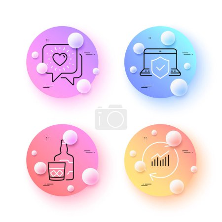Illustration for Laptop insurance, Whiskey glass and Friends chat minimal line icons. 3d spheres or balls buttons. Update data icons. For web, application, printing. Full coverage, Scotch drink, Friendship. Vector - Royalty Free Image
