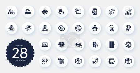 Illustration for Set of Transportation icons, such as Airplane wifi, Ferris wheel and Flight mode flat icons. Bicycle parking, International flight, Wholesale goods web elements. Get box, Road. Circle buttons. Vector - Royalty Free Image