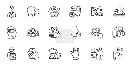 Illustration for Outline set of Cardio training, Face id and Teamwork line icons for web application. Talk, information, delivery truck outline icon. Include Chef, Journey path, Augmented reality icons. Vector - Royalty Free Image