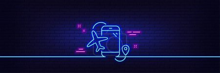 Illustration for Neon light glow effect. Flights application line icon. Airplane phone app sign. Airport information symbol. 3d line neon glow icon. Brick wall banner. Flights application outline. Vector - Royalty Free Image