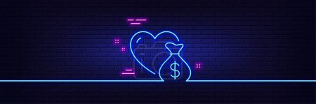 Illustration for Neon light glow effect. Donation line icon. Money charity sign. Health insurance symbol. 3d line neon glow icon. Brick wall banner. Donation outline. Vector - Royalty Free Image