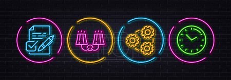 Illustration for Voting ballot, Gears and Sconce light minimal line icons. Neon laser 3d lights. Time icons. For web, application, printing. Vote document, Work process, Electric lamp. Clock. Vector - Royalty Free Image