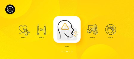 Illustration for Sick man, Coronavirus vaccine and Do not touch minimal line icons. Yellow abstract background. Cough, Social care icons. For web, application, printing. Vector - Royalty Free Image