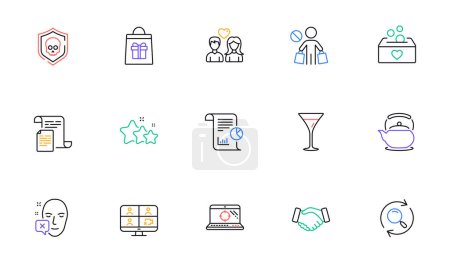 Illustration for Teapot, Handshake and Martini glass line icons for website, printing. Collection of Holidays shopping, Seo laptop, Report icons. Cyber attack, Donation, Stars web elements. Stop shopping. Vector - Royalty Free Image