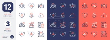 Illustration for Set of Ask me, Lgbt and Say yes line icons. Include Be mine, Couple love, For ever icons. Heart flame, Marriage rings, Social media web elements. Romantic dinner, Love letter, Care. Vector - Royalty Free Image