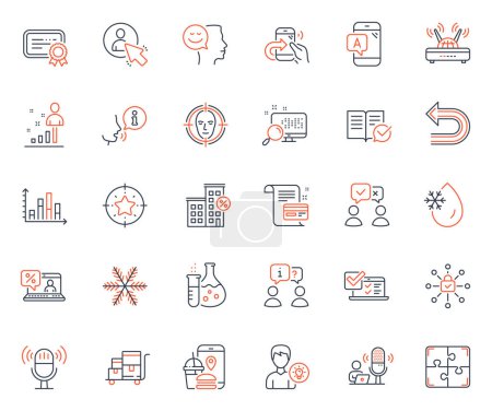Illustration for Technology icons set. Included icon as Face detect, Chemistry flask and Certificate web elements. Puzzle, Ab testing, Interview icons. Person idea, Online survey, Wifi web signs. Undo. Vector - Royalty Free Image