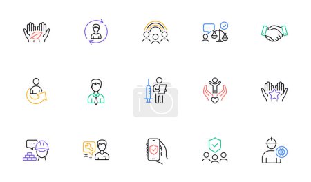 Illustration for People insurance, Lawyer and Repairman line icons for website, printing. Collection of Share, Volunteer, Businessman icons. Inclusion, Ranking, Security app web elements. Vector - Royalty Free Image