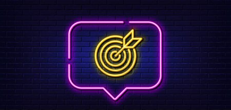 Illustration for Neon light speech bubble. Target purpose line icon. Stratery goal sign. Core value symbol. Neon light background. Target purpose glow line. Brick wall banner. Vector - Royalty Free Image