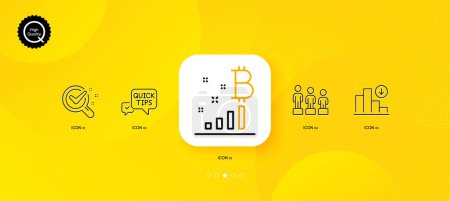 Illustration for Decreasing graph, Equality and Quick tips minimal line icons. Yellow abstract background. Bitcoin graph, Chemistry lab icons. For web, application, printing. Vector - Royalty Free Image