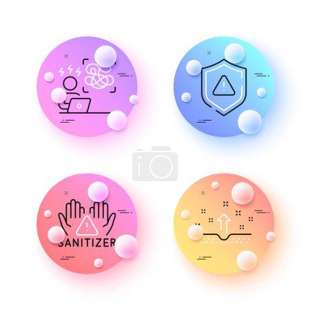 Illustration for Difficult stress, Shield and Clean hands minimal line icons. 3d spheres or balls buttons. Clean skin icons. For web, application, printing. Work pressure, Safe secure, Hygiene care. Cosmetics. Vector - Royalty Free Image