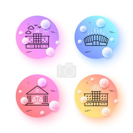 Illustration for Arena stadium, Court building and Hospital building minimal line icons. 3d spheres or balls buttons. Hotel icons. For web, application, printing. Judgement, Medical help, Travel. Vector - Royalty Free Image