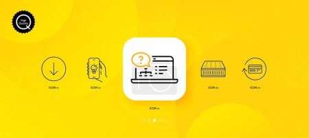 Illustration for Electric app, Mattress and Scroll down minimal line icons. Yellow abstract background. Refund commission, Online help icons. For web, application, printing. Vector - Royalty Free Image