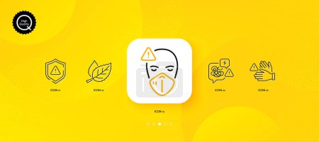 Illustration for Medical mask, Shield and Dont touch minimal line icons. Yellow abstract background. Stress, Leaf icons. For web, application, printing. Face respirator, Safe secure, Clean hands. Messy anxiety. Vector - Royalty Free Image