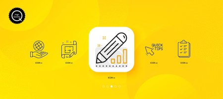 Illustration for Architect plan, Checklist and Edit statistics minimal line icons. Yellow abstract background. Safe planet, Quick tips icons. For web, application, printing. Vector - Royalty Free Image