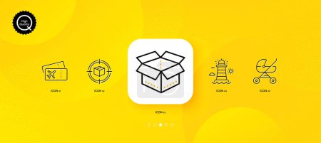 Illustration for Open box, Baby carriage and Boarding pass minimal line icons. Yellow abstract background. Parcel tracking, Lighthouse icons. For web, application, printing. Vector - Royalty Free Image