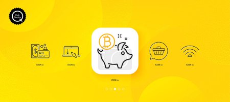 Illustration for Card, Wifi and Scroll down minimal line icons. Yellow abstract background. Shopping cart, Bitcoin coin icons. For web, application, printing. Bank payment, Wi-fi internet, Landing page. Vector - Royalty Free Image