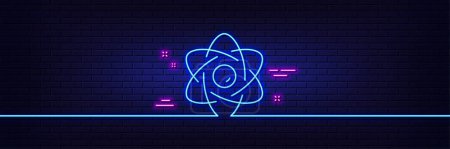Illustration for Neon light glow effect. Atom core line icon. Nuclear power sign. Nucleus energy symbol. 3d line neon glow icon. Brick wall banner. Atom core outline. Vector - Royalty Free Image